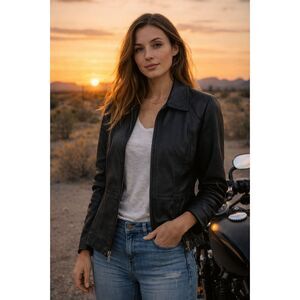 Genuine Leather Jacket Petite Medium Black Zip Front Classic Minimalist